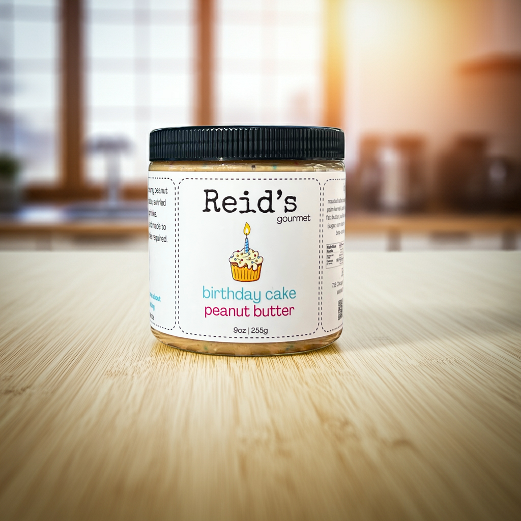 Jar of Reid's Gourmet birthday cake peanut butter on a wooden surface with a blurred kitchen background.