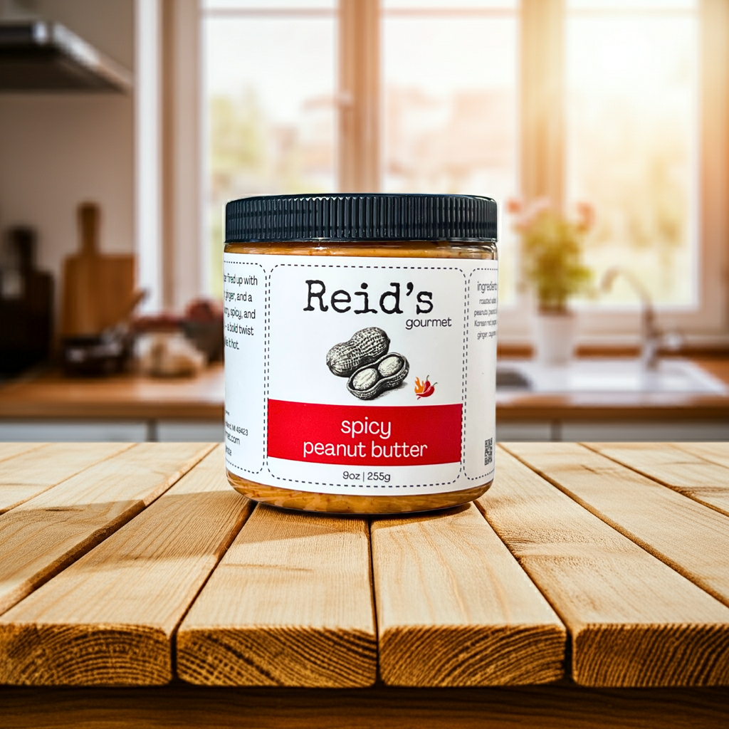 Jar of Reid's Gourmet spicy peanut butter on a wooden table with a kitchen background