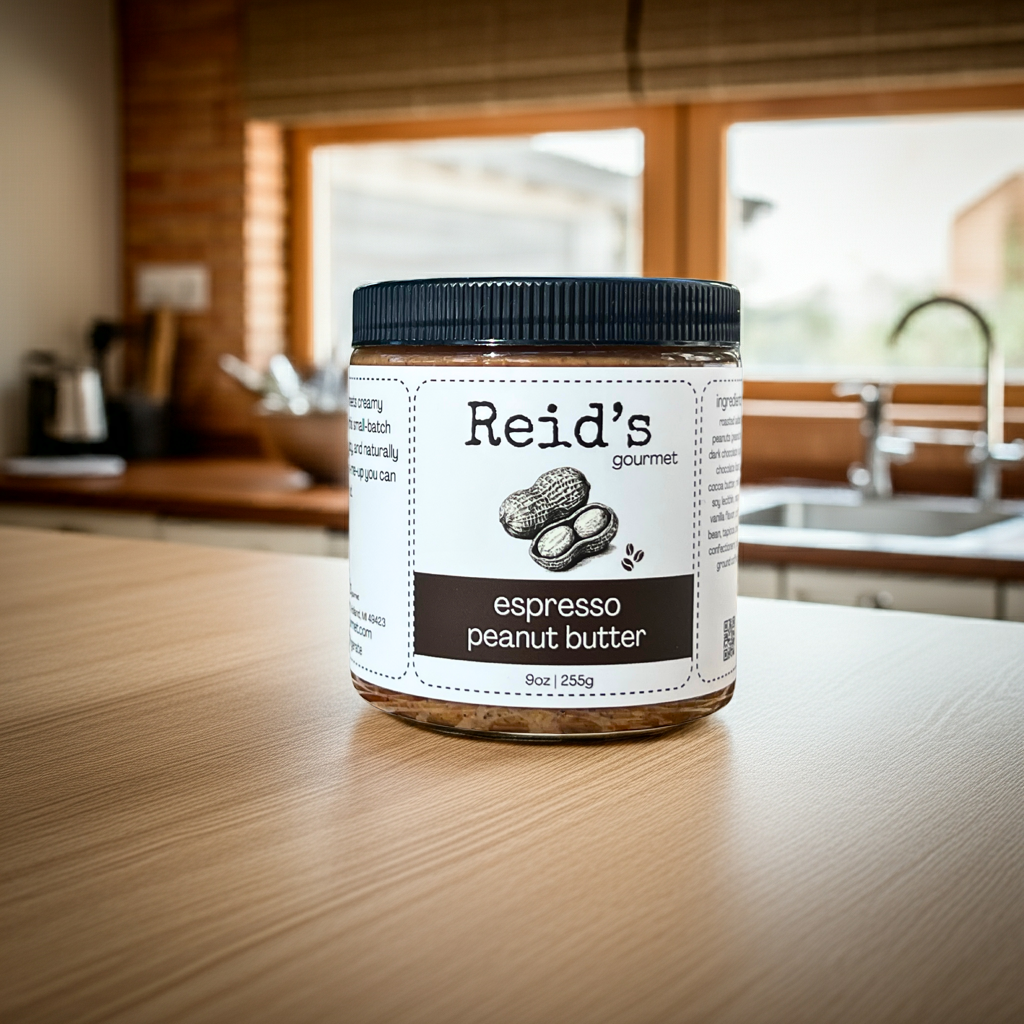 Jar of Reid's Gourmet espresso peanut butter on a kitchen counter