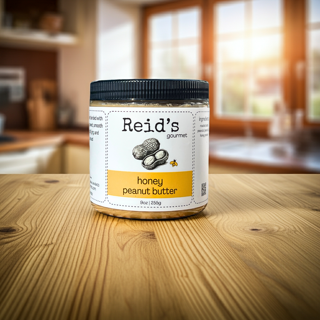 Jar of Reid's gourmet honey peanut butter on a wooden table with a kitchen background