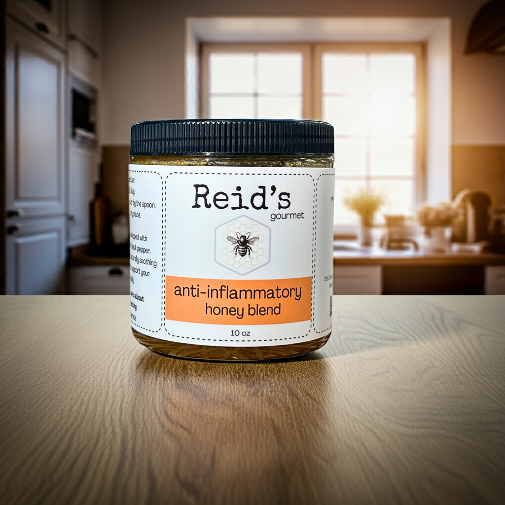 Jar of Reid's Gourmet anti-inflammatory honey blend on a kitchen counter