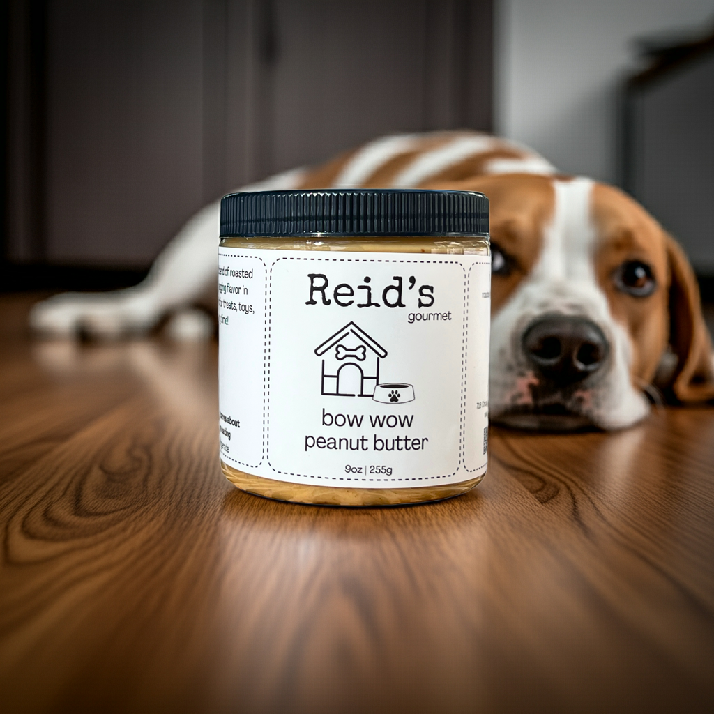 Jar of Reid's Gourmet bow wow peanut butter with a dog in the background