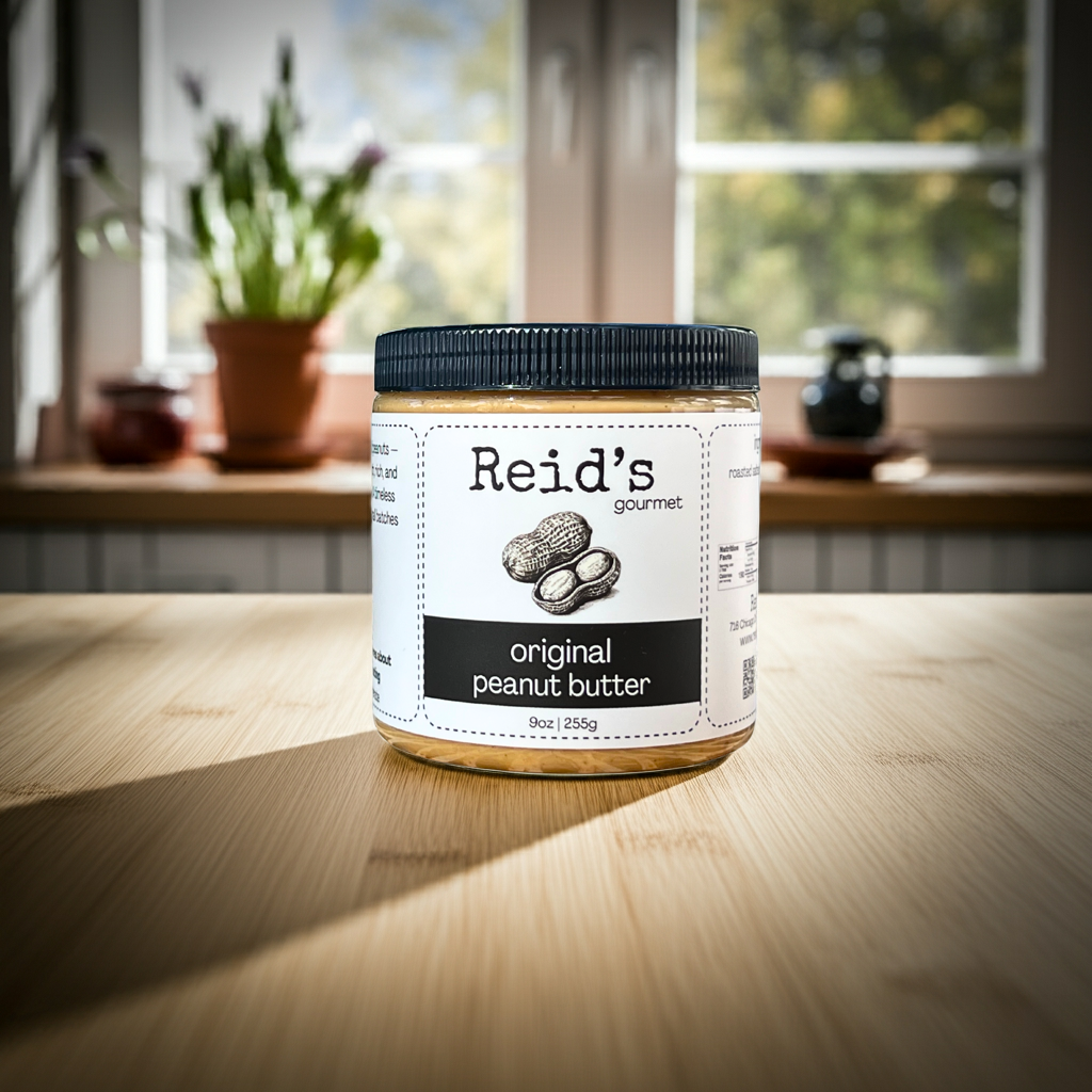 Jar of Reid's Gourmet original peanut butter on a wooden table with a kitchen background
