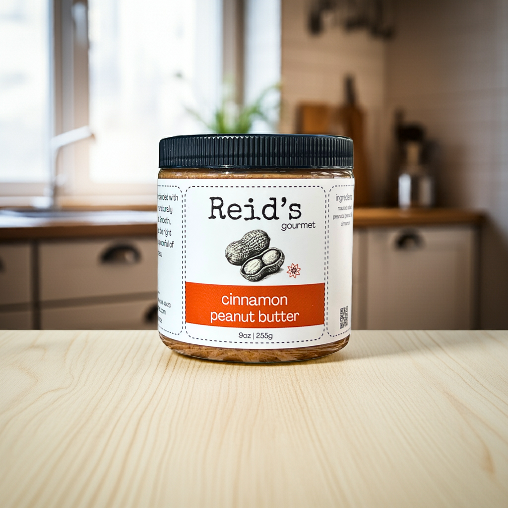 Jar of Reid's Gourmet cinnamon peanut butter on a kitchen counter