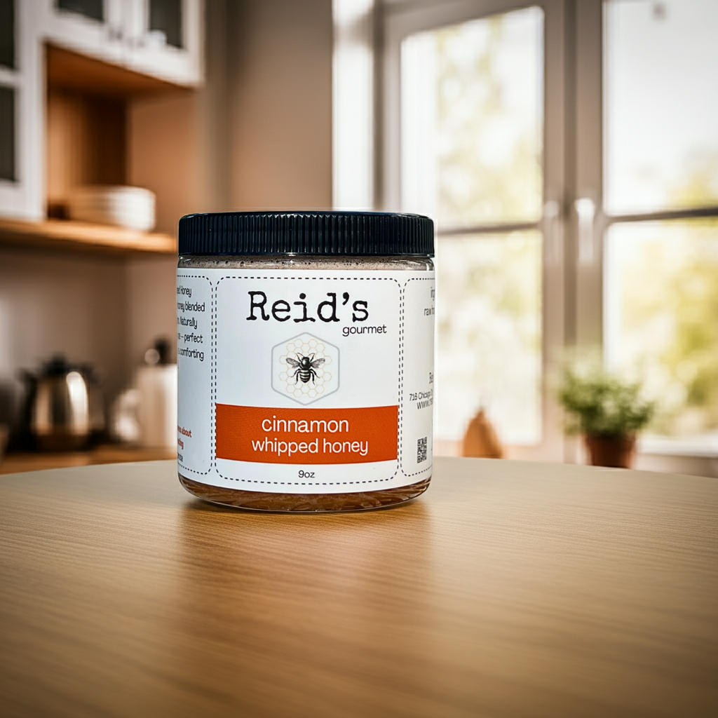 Jar of Reid's cinnamon whipped honey on a kitchen counter