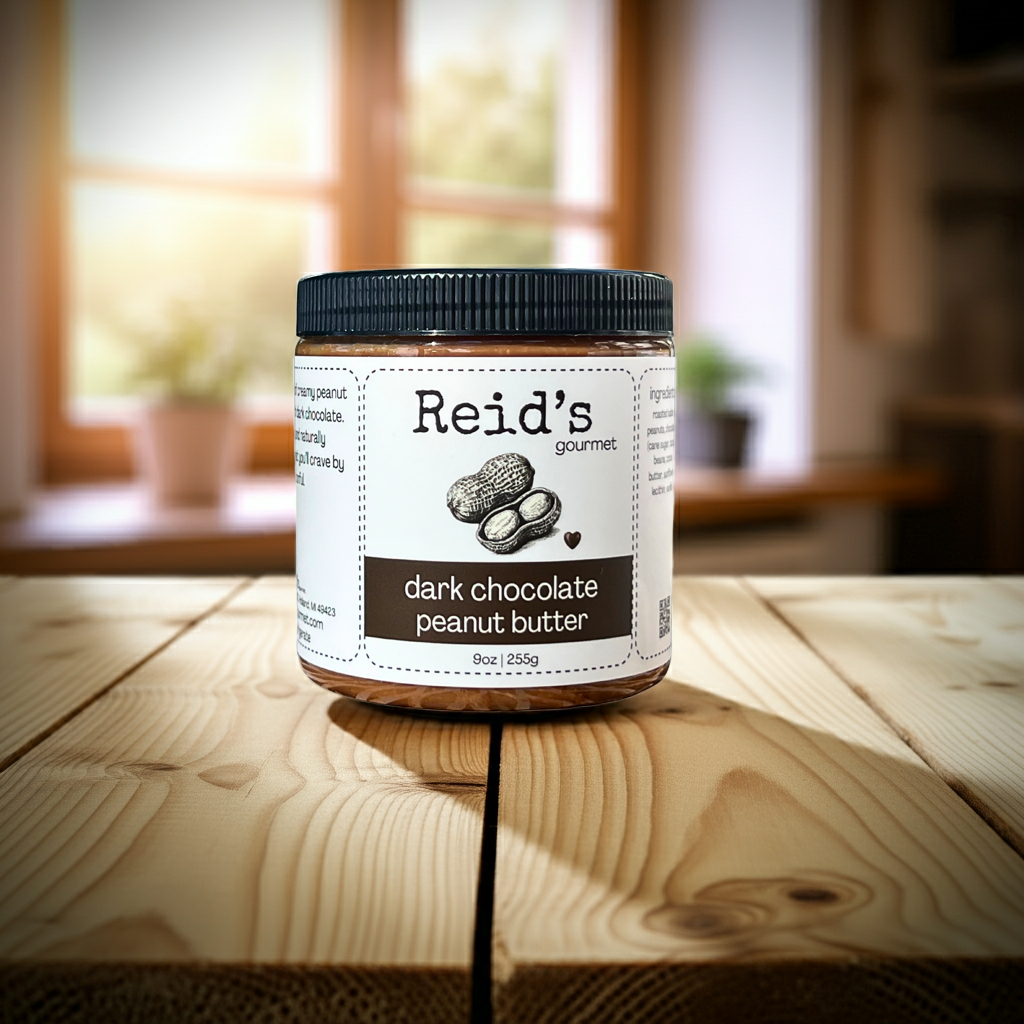 Jar of Reid's Gourmet dark chocolate peanut butter on a wooden surface with a blurred background