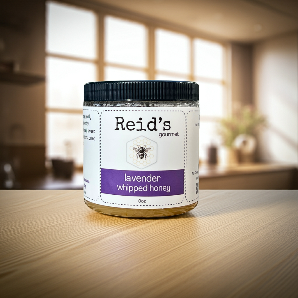 Jar of Reid's lavender whipped honey on a wooden table with a blurred kitchen background