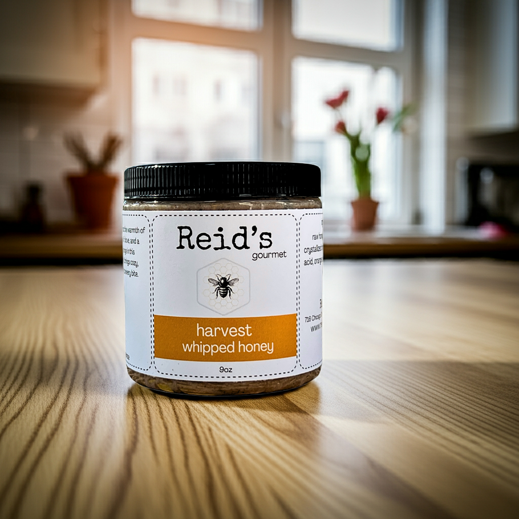 Jar of Reid's Gourmet harvest whipped honey on a wooden surface with a blurred kitchen background