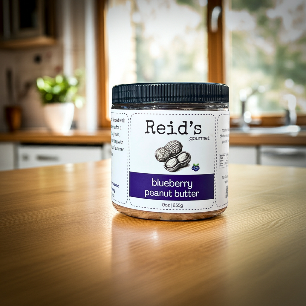 Jar of Reid's gourmet blueberry peanut butter on a kitchen counter