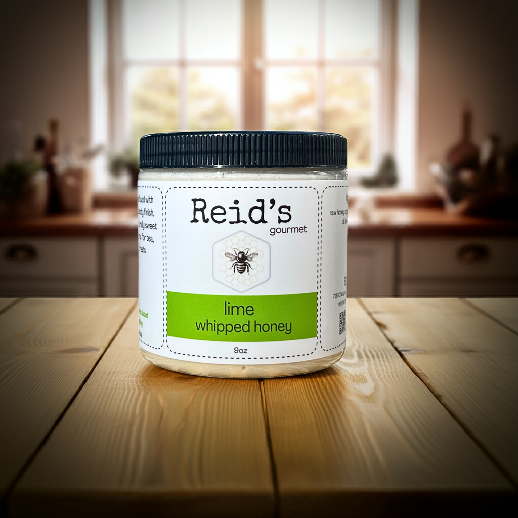 Jar of Reid's lime whipped honey on a wooden table with a blurred kitchen background