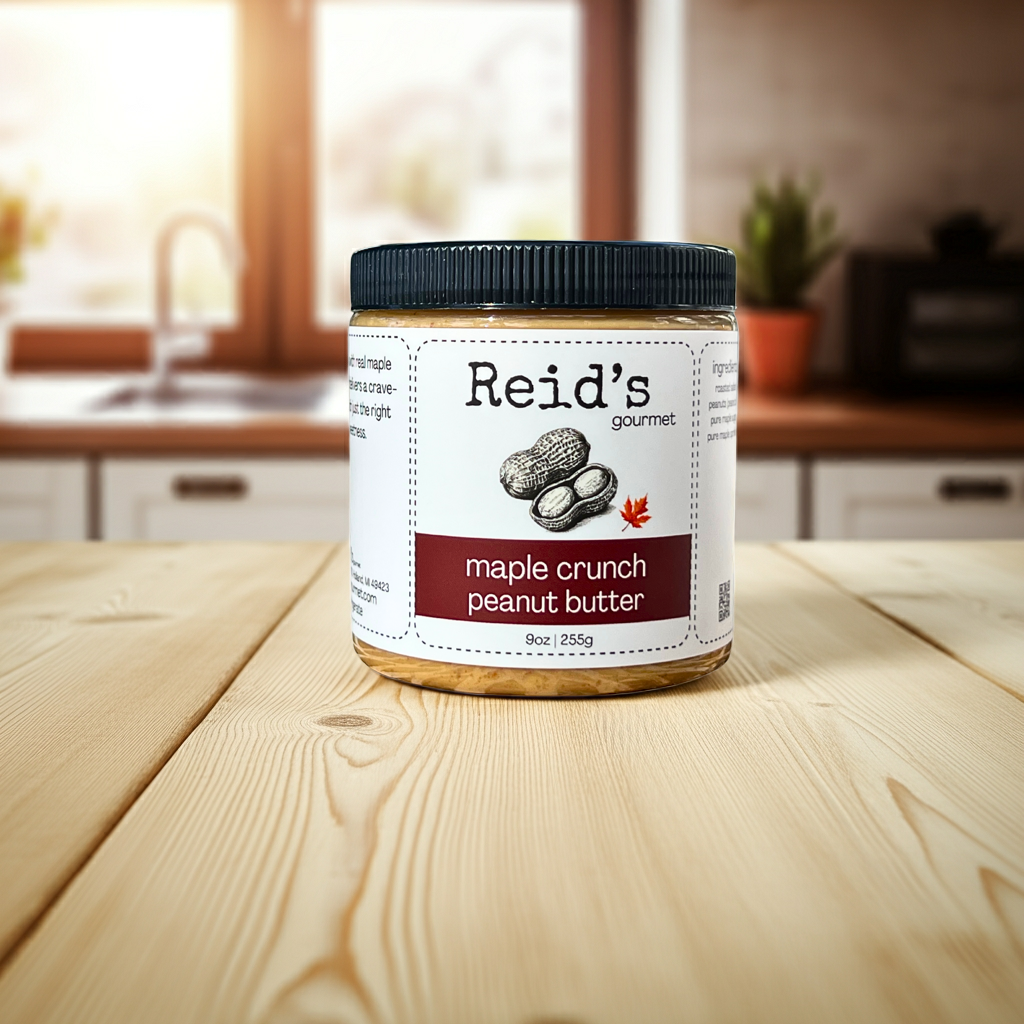 Jar of Reid's Gourmet Maple Crunch Peanut Butter on a wooden table with a kitchen background
