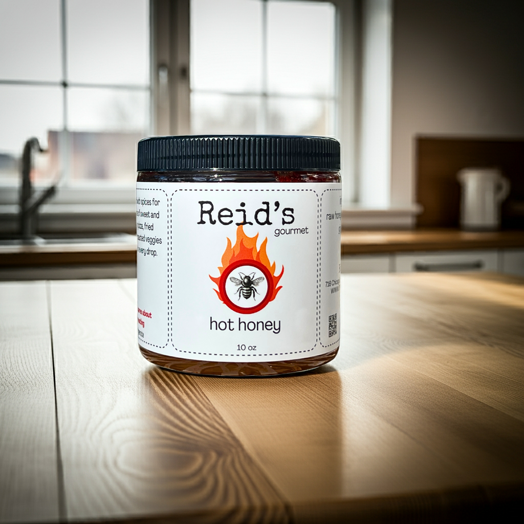 Jar of Reid's Gourmet hot honey on a kitchen counter