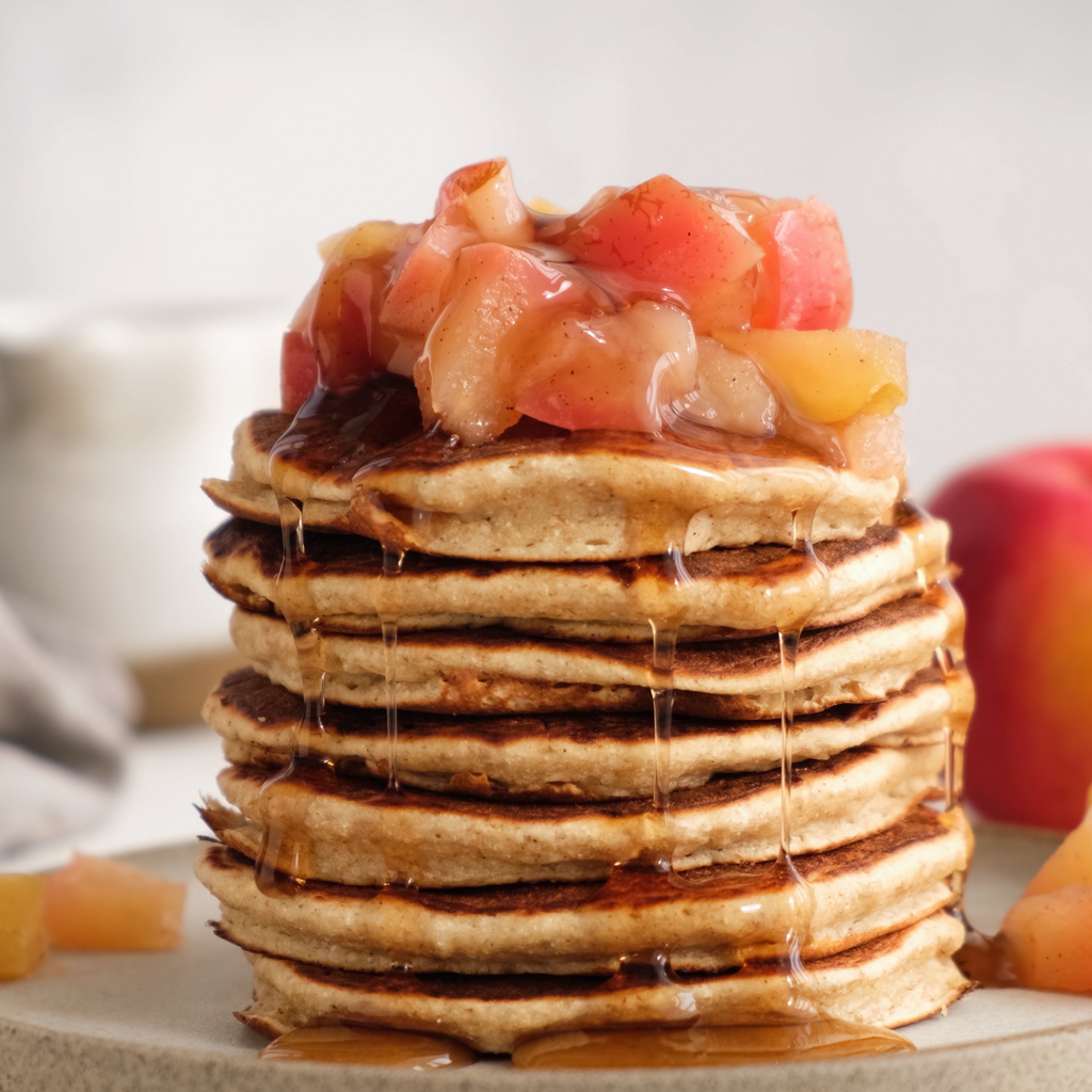 baked apples with cinnamon whipped honey on top of a stack of fluffy pancakes