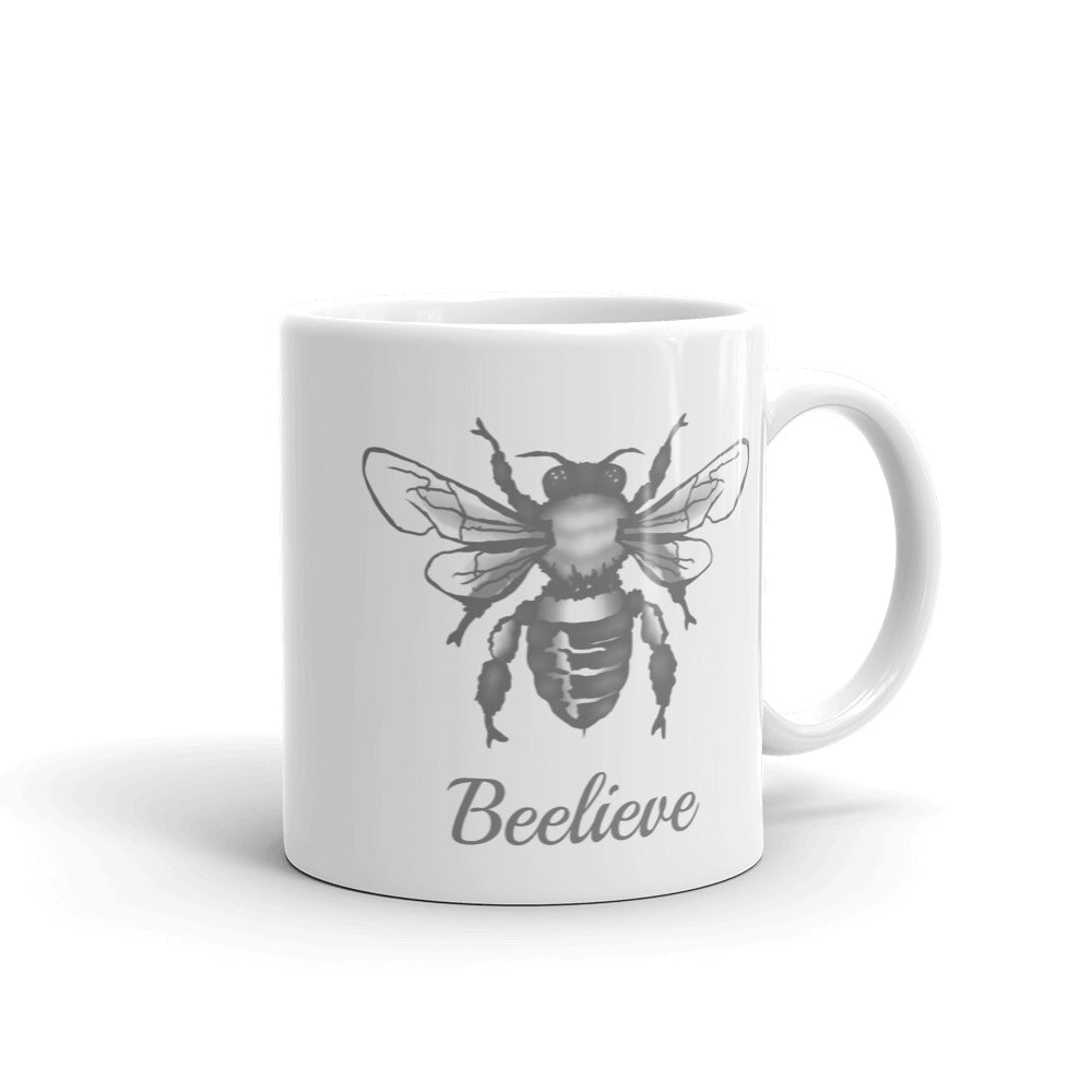 coffee mug with honey bee and words beelieve